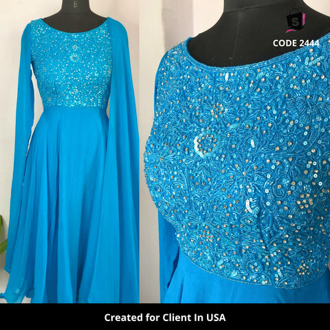 2444 Peacock Blue Umbrella Cut Suit with heavy embroidery