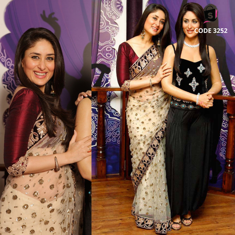 3252 Kareena Kapoor Maroon Cream Saree Kareena Kapoor at Madame Tussauds Museum- Britain