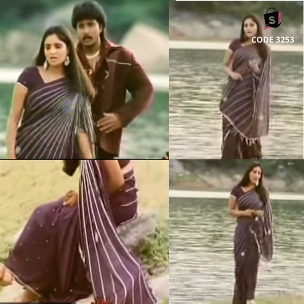 3253 Ramya's dark plum saree in  O Gunavantha Song from Jothe Jotheyali Kannada movie