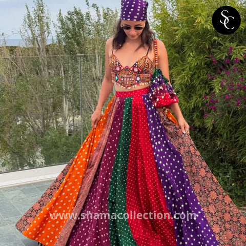 4212 Alia Bhat's Bandhani Kutchi Lehenga as a Wedding Guest in Spain