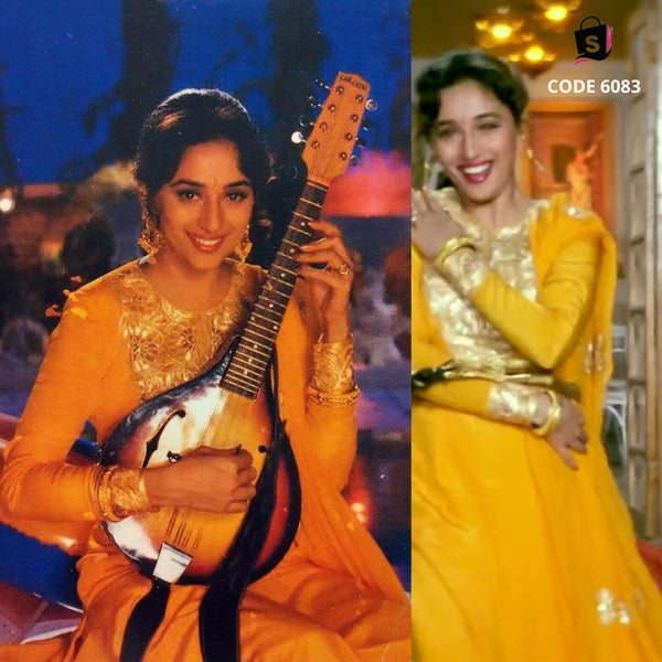 6083 Madhuri inspired Yellow Salwar Suit in Maye ni Maye song from Hum Aapke Hai Koun Movie