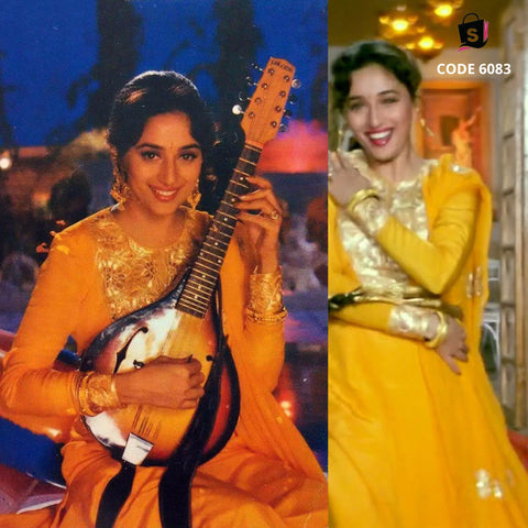 6083 Madhuri inspired Yellow Salwar Suit in Maye ni Maye song from Hum Aapke Hai Koun Movie