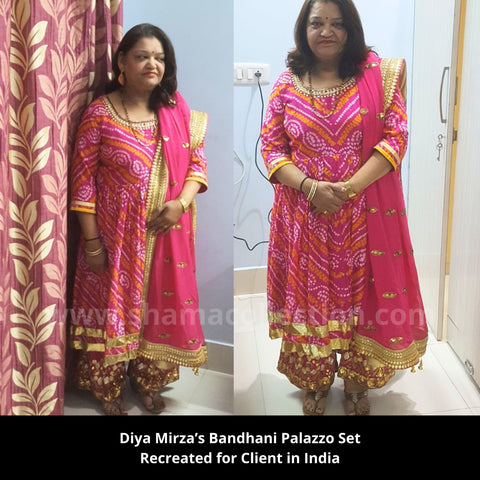 2203 Dia Mirza's pink bandhani anarkali-palazzo Outfit Sets