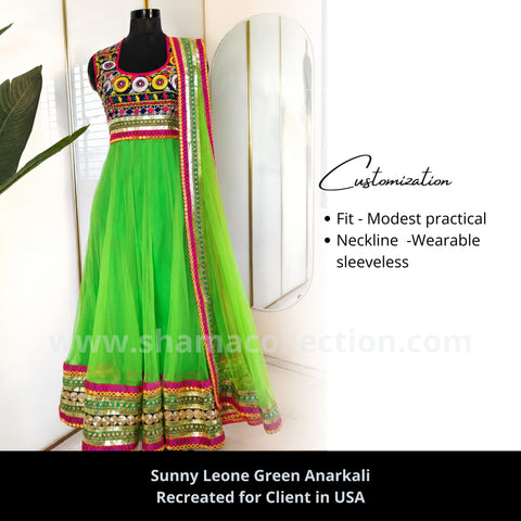 2190 Sunny Leone's parrot green kutchi anarkali Outfit Sets