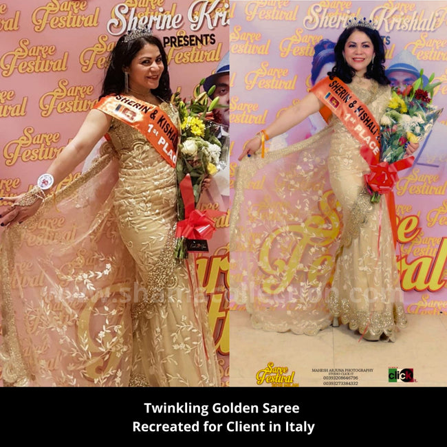 Client Patricia - in Beige saree with twinkling border at beauty paegent
