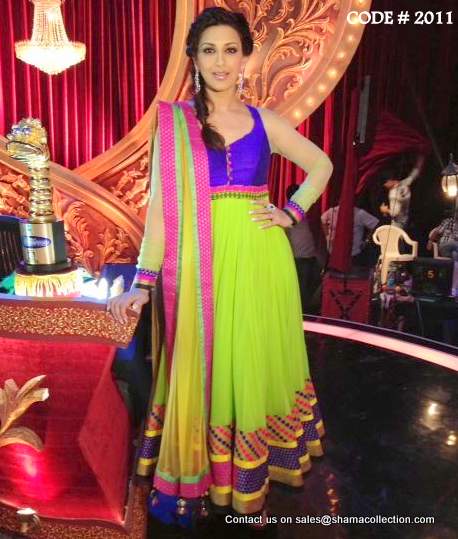 2011 Sonali Bendre's neon green-purple-rani pink anarkali Outfit Sets