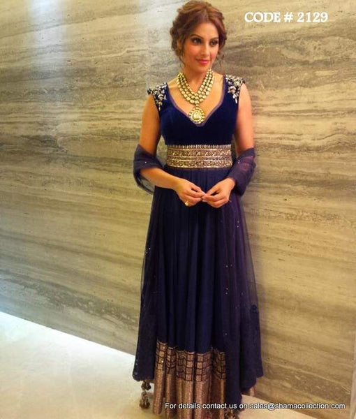 2129 Bipasha Basu's Midnight Blue Anarkali Gown Outfit Sets