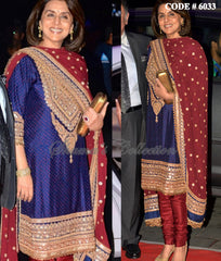 6033 Neetu Kapoor's maroon-blue straight fit chudidar dress outfit set