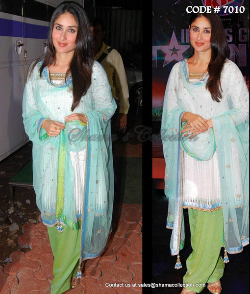 7010 Kareena Kapoor's white-green-turquoise patiala dress outfit set