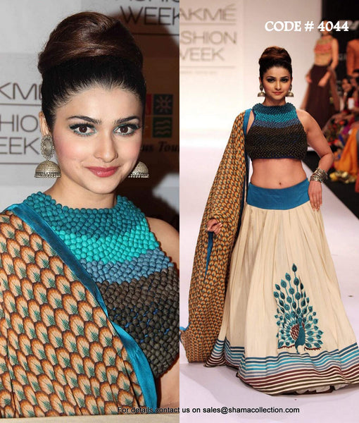 4044 Prachi Desai's off white-blue peacock lehenga outfit set