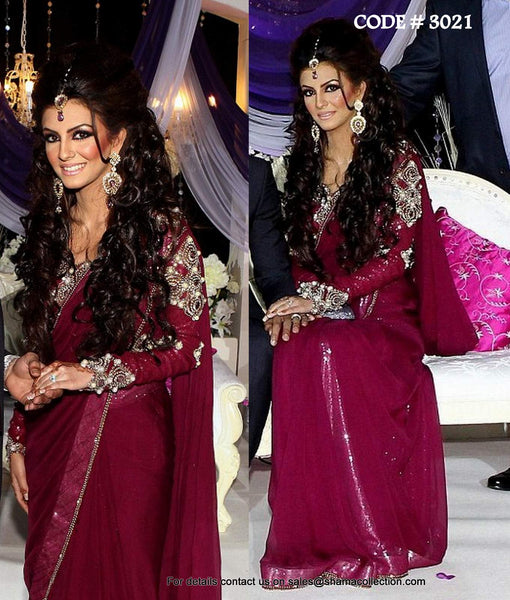 3021 Fariyal Makhdoom's plum saree outfit set