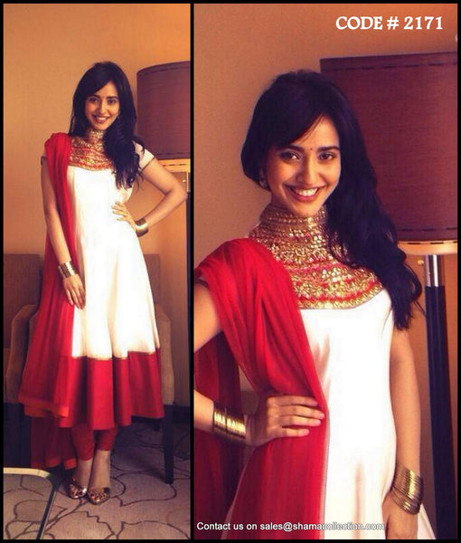 2171 Neha Sharma's white-red Cleopatra neckline anarkali Outfit Sets