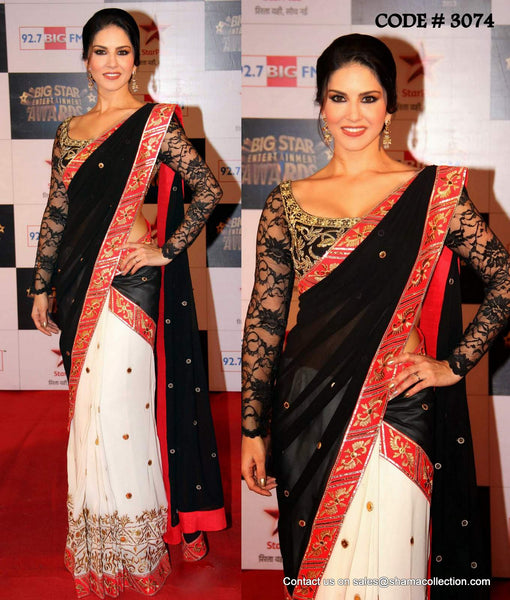 3074 Sunny Leone's black-white-red saree outfit set