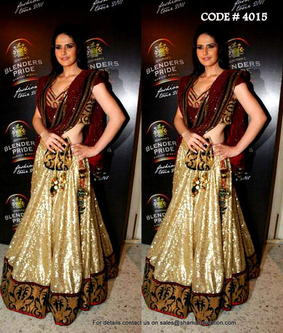 4015 Zarine Khan's gold-cola brown lehenga outfit set