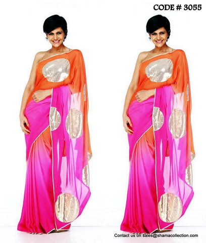 3055 Mandira Bedi's pink and orange saree outfit set