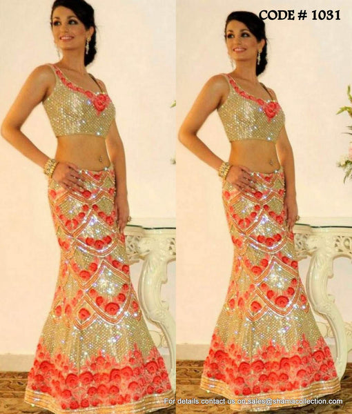 1031 Golden bridal fish cut lehenga Outfit Sets