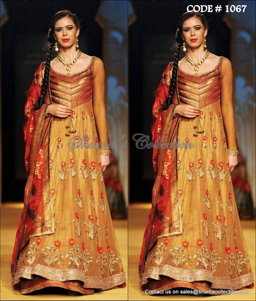 1067 Bridal golden-red anarkali gown Outfit Sets