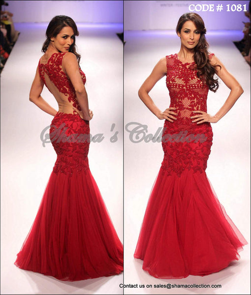 1081 Malaika Arora Khan's trumpet maroon red gown Outfit Sets