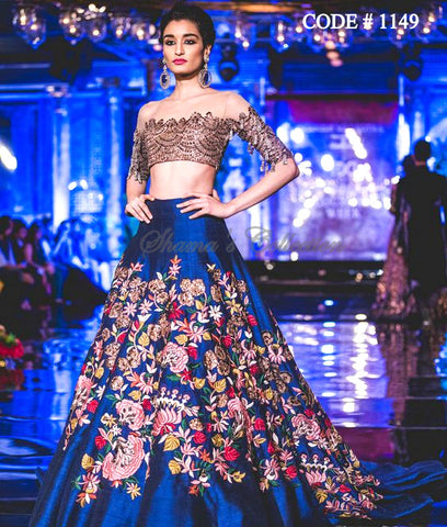 1149 Blue lehenga with copper brown off shoulder blouse Outfit Sets