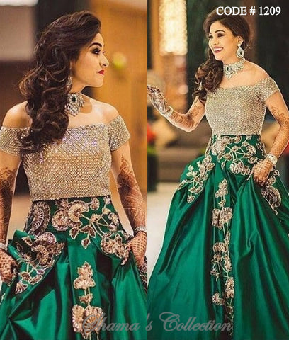 1209 Green Lengha With Golden Offshoulder Blouse Outfit Sets