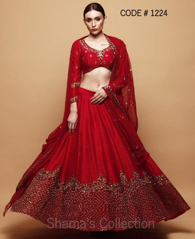 1224 Red Bridal Lengha In Raw Silk Outfit Sets