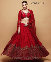 1224 Red Bridal Lengha In Raw Silk Outfit Sets