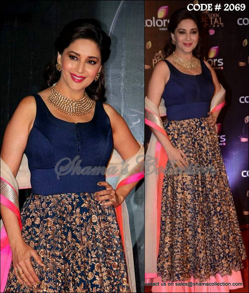 2069 Madhuri Dixit's Blue Pink Anarkali Gown Outfit Sets