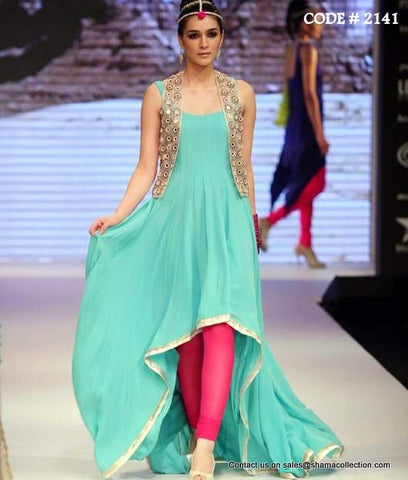 2141 Sea green-pink fishtail anarkali Outfit Sets