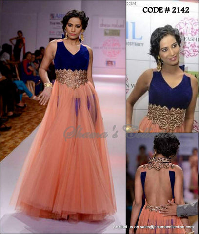 2142 Poonam Pandey's peach-deep blue anarkali gown Outfit Sets