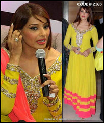 2163 Bipasha Basu's neon yellow-orange anarkali gown Outfit Sets