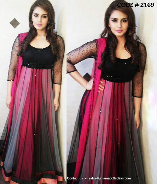 2169 Huma Qureshi's pink-black anarkali gown Outfit Sets