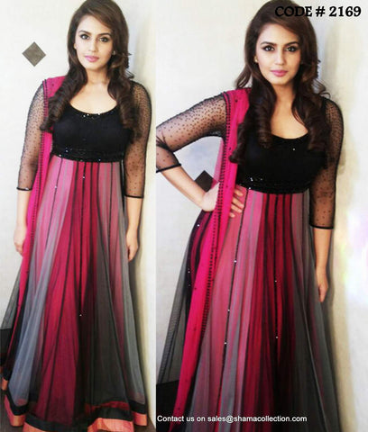 2169 Huma Qureshi's pink-black anarkali gown Outfit Sets