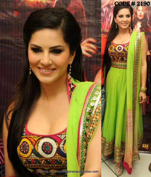 2190 Sunny Leone's parrot green kutchi anarkali Outfit Sets