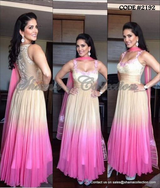 2192 Sunny Leone's beige and pink pleated anarkali Outfit Sets