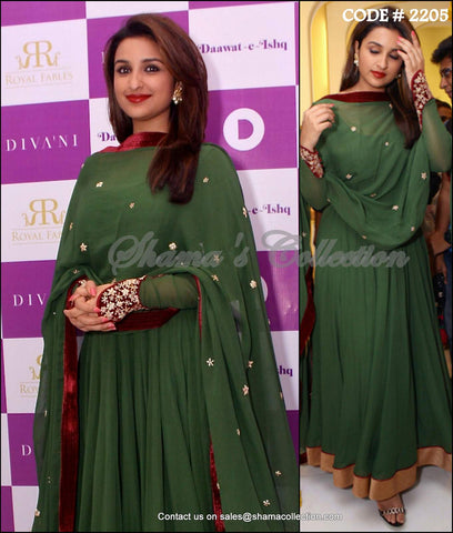 2205 Parineeti Chopra's mehndi green-maroon anarkali Outfit Sets