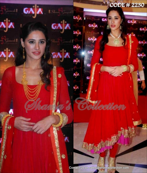 2230 Nargis Fakhri's red anarkali Outfit Sets