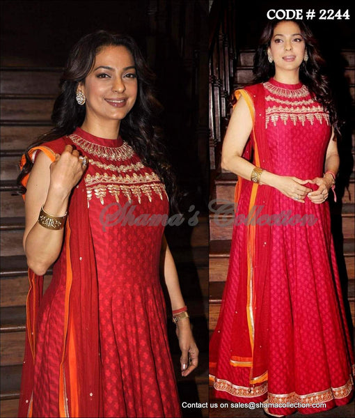 2244 Juhi Chawla's Cleopatra neckline red anarkali Outfit Sets