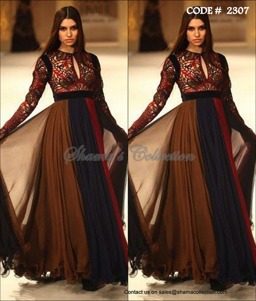 2307 Brown pleated anarkali gown outfit set