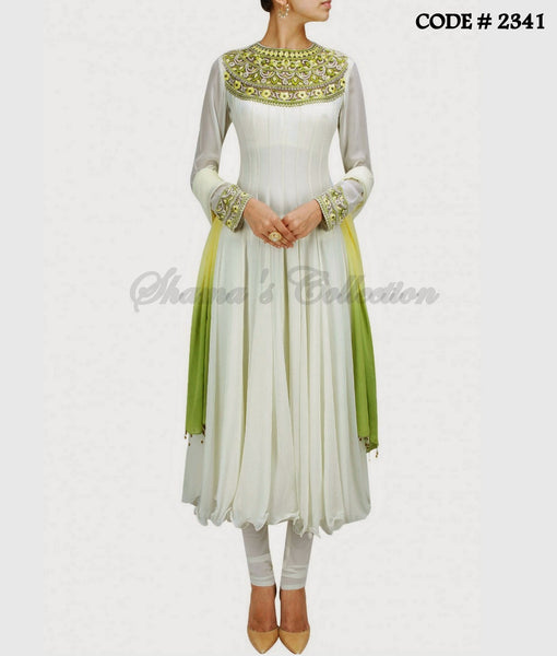 2341 White-green cleopatra neckline anarkali outfit set