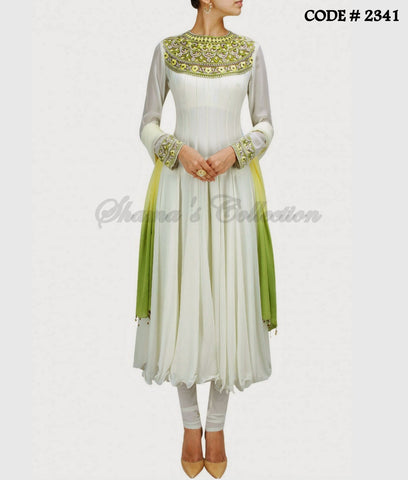 2341 White-green cleopatra neckline anarkali outfit set