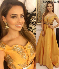 2351 Sana Khan's mustard off shoulder indo-western gown outfit set