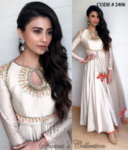 2406 Daisy Shah's Greyish White Anarkali outfit set