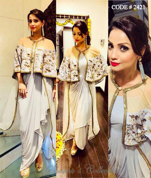 2421 Adaa Khan in Powder Blue Drape Dress With Cape outfit set