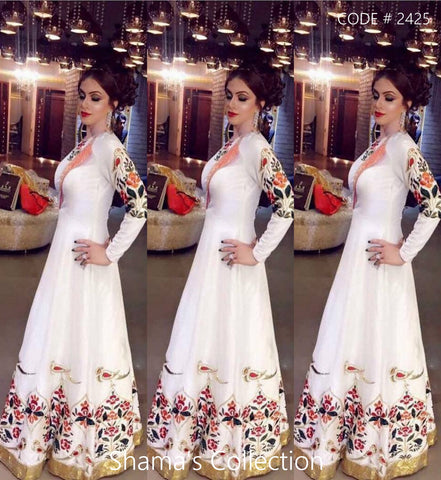 2425 White Anarkali Gown with Colorful Work outfit set