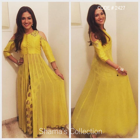 2427 Ridhima Pandit in Yellow Cold Shoulder Anarkali with Parallel Pants outfit set