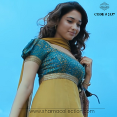 2437 Tamanna Bhatia Mustard Blue Anarkali inspired from Paiya - Thuli Thuli outfit set