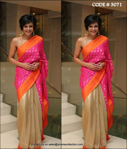 3071 Mandira Bedi's orange-pink-gold saree outfit set