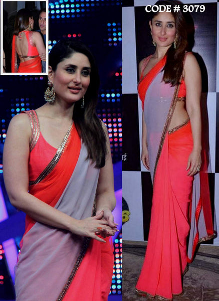 3079 Kareena Kapoor's grey-coral pink-red saree outfit set