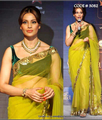 3082 Bipash Basu's citrine green saree outfit set