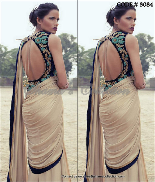 3084 Designer golden saree outfit set